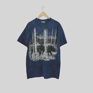 The Mountain Large Tee Shirt Moose Aspen Trees Tie Dye Blue Cotton Pullover Mens
